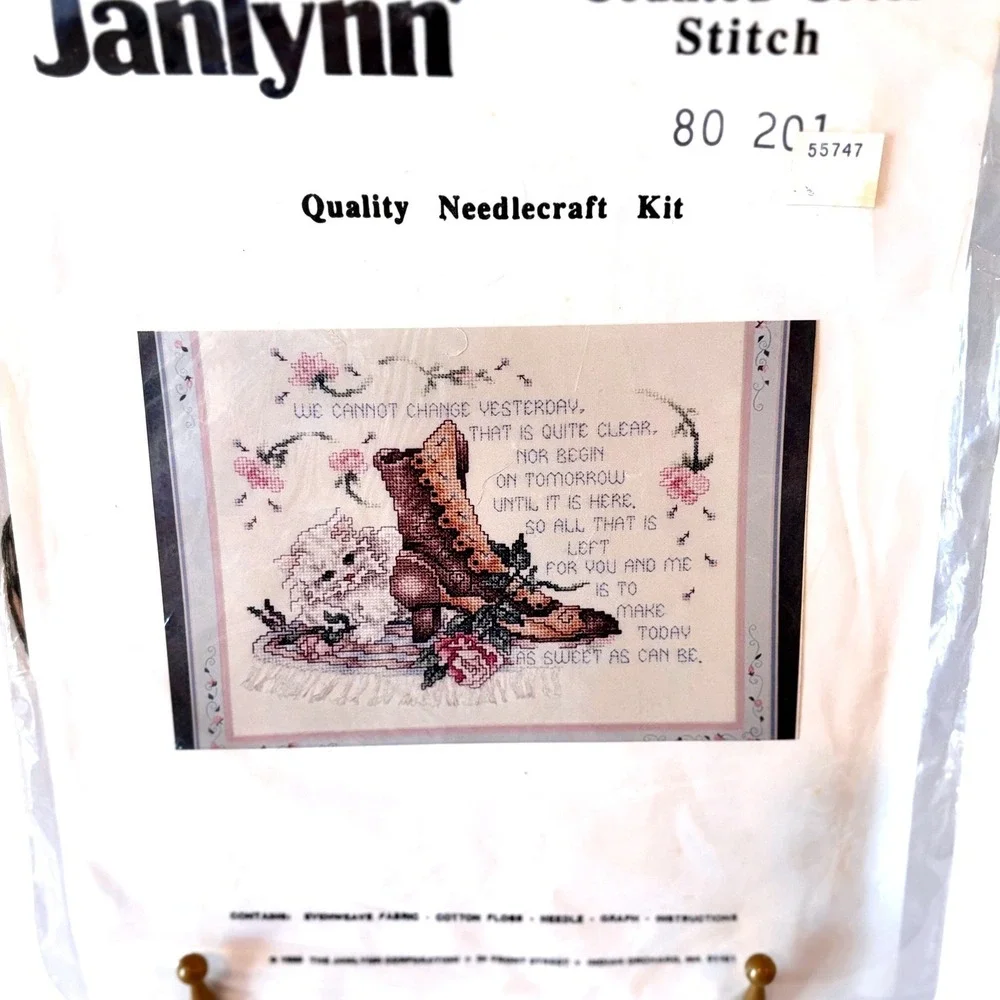 Janlynn Persian Kitten Victorian Shoe Sweet Poem Cross Stitch Kit Vtg 80s NEW